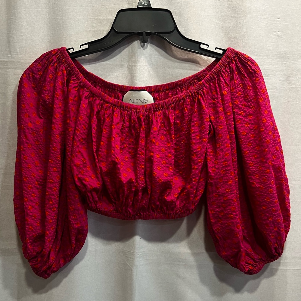 Alexis 3/4 Sleeve Pink Orange Polka Dot Off-Shoulder Cropped Top Size S